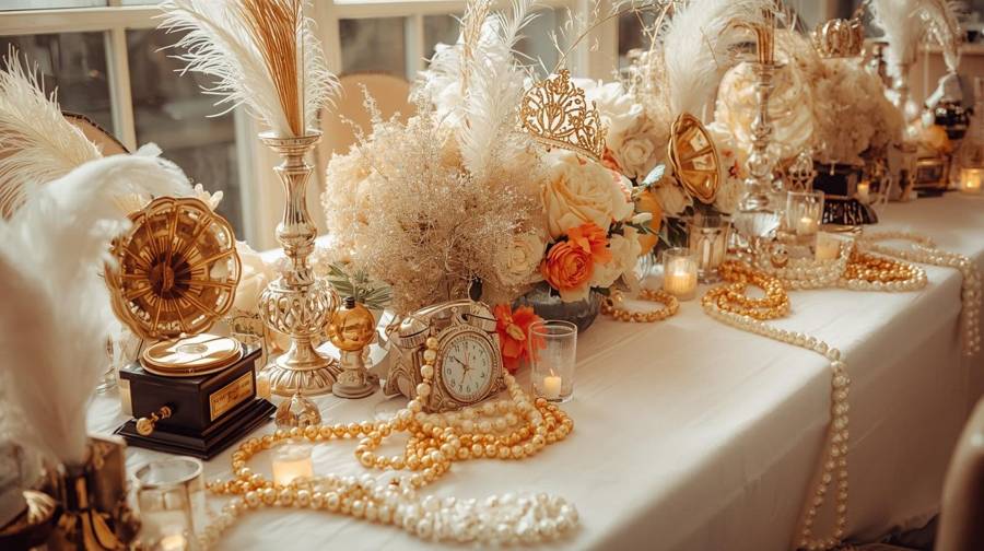 A Roaring Twenties wedding table with feather plumes, pearl strands, a tiara and a vintage telephone