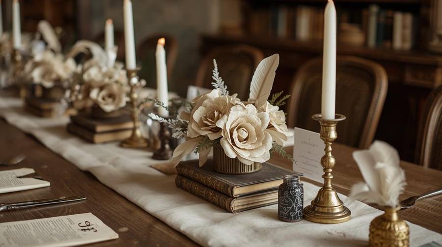 A reading-themed wedding table with stacked antique books, paper roses, feather quills and brass candlesticks