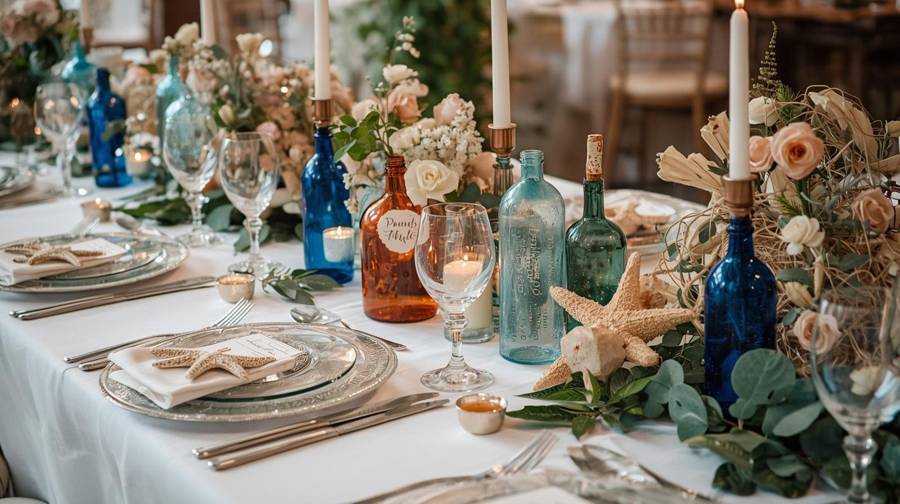 A seaside-themed wedding table with colored glass bottles, starfish, candles and eucalyptus