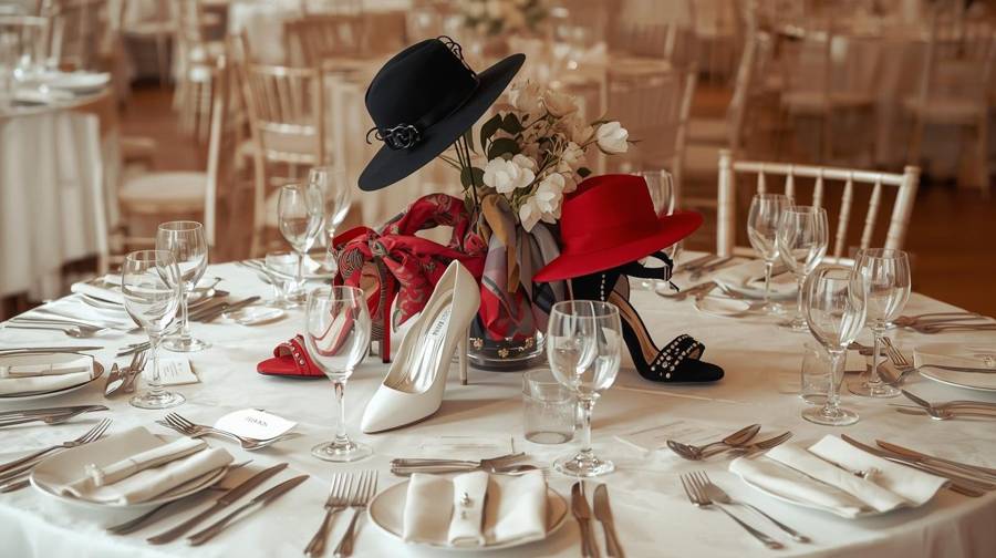 A fashion-themed wedding centerpiece of high-heeled shoes, hats and silk scarves with white flowers