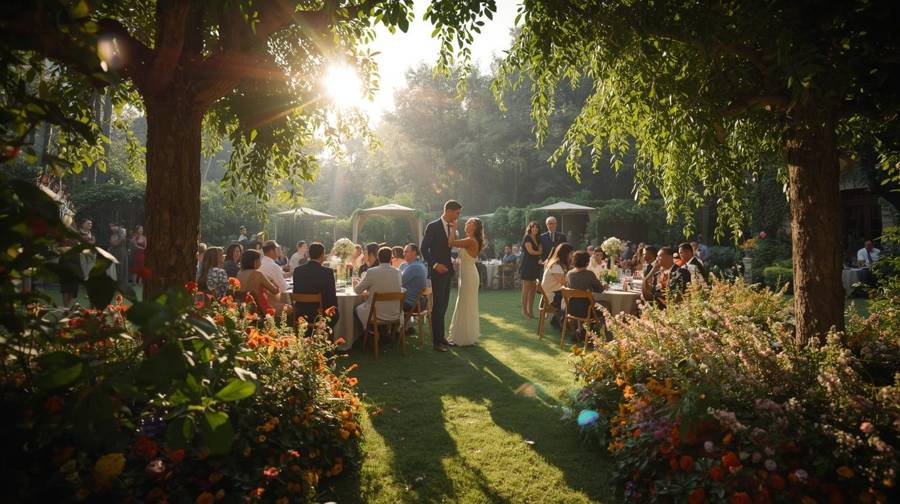 A garden wedding reception with guests seated at round tables beneath tall trees and flowering borders