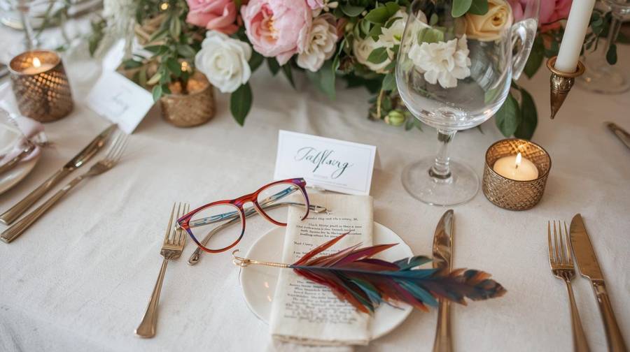 Colorful reading glasses and a feather quill resting on a folded page at a wedding place setting