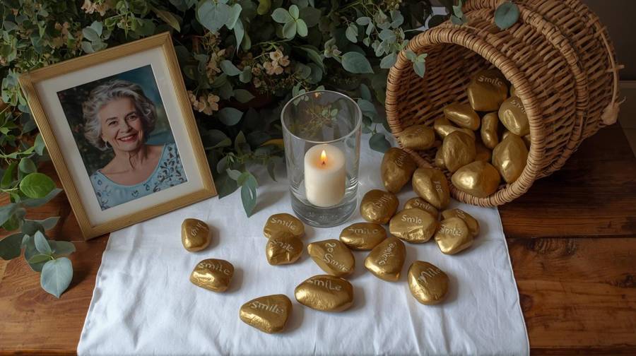 A memorial table with a framed photograph, a candle and gold-painted stones lettered with messages