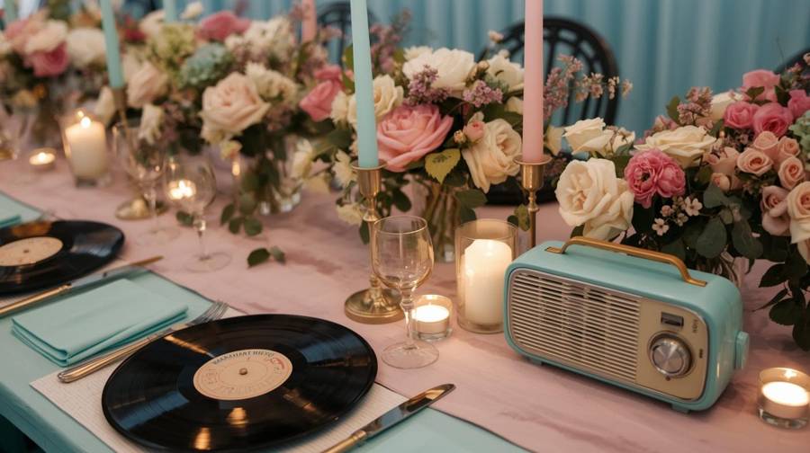 A 1950s-inspired wedding table with vinyl records as place settings, a retro radio and pink and teal accents