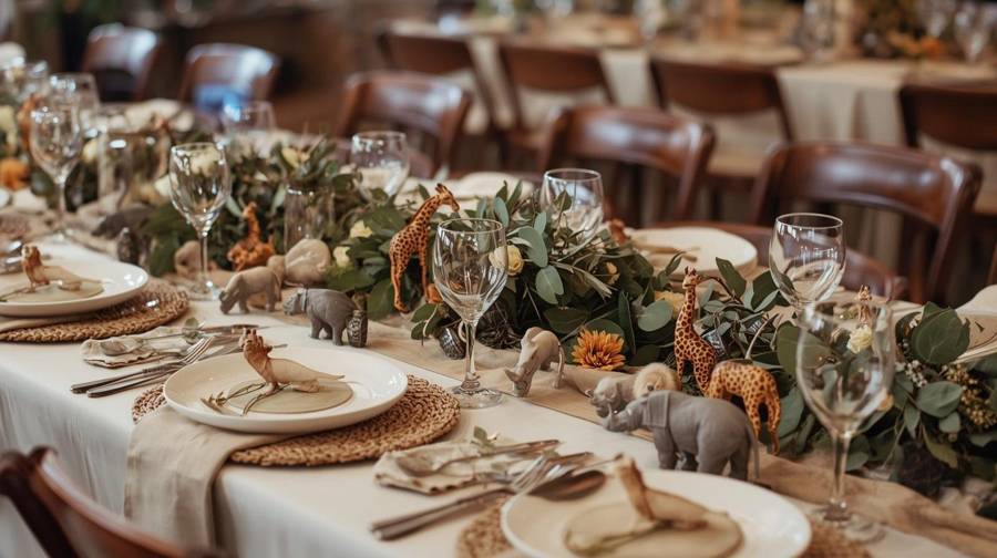 A safari-themed wedding table with animal figures, eucalyptus garlands and woven chargers