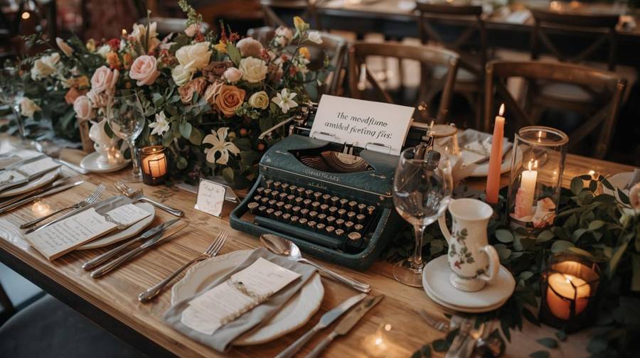 An antique typewriter on a wedding table among roses, candles and place settings