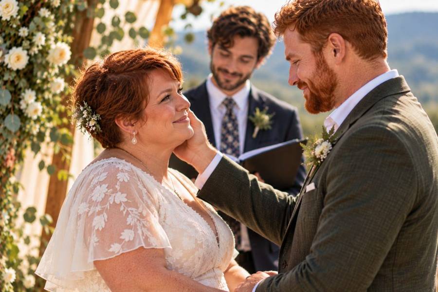 A bride and groom share a tender moment just before saying their vows