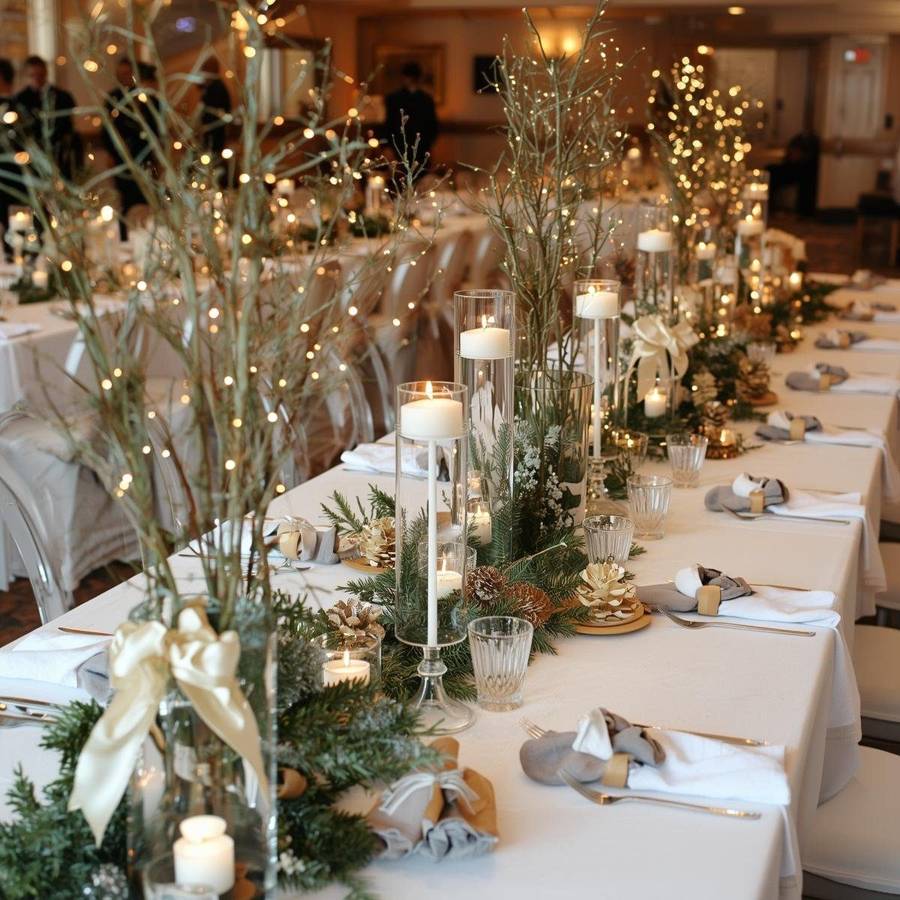 Long tables with lighted branches, floating candles in glass cylinders, pinecones and evergreens