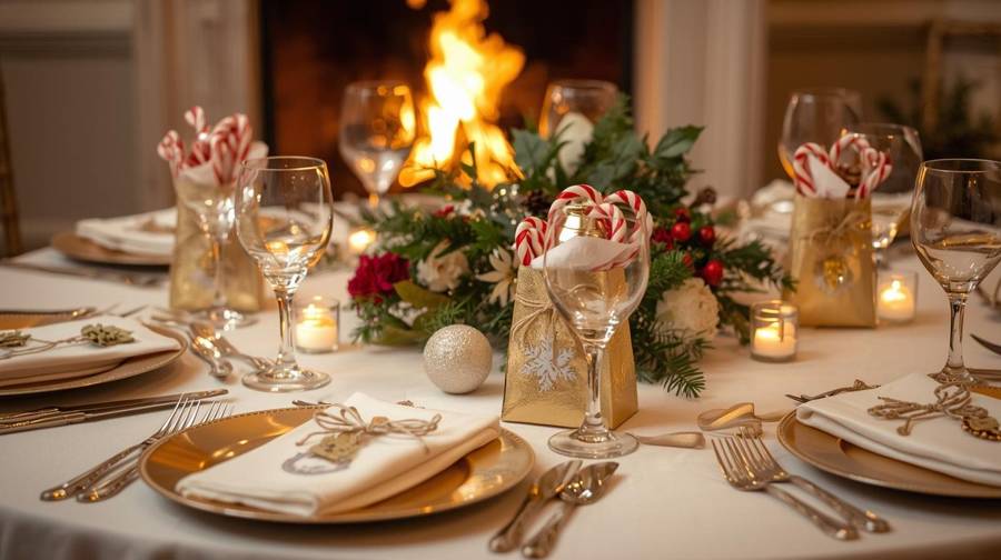 Candy canes in gold favor bags, evergreens and red berries, gold chargers and a glowing fireplace