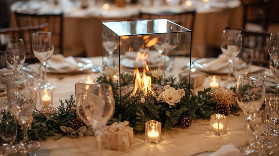 A mirrored cube fire feature surrounded by evergreens, pinecones and candles on a round table
