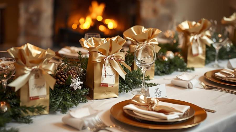Gold guest gift bags tied with ribbon among evergreens, with a fireplace behind the table