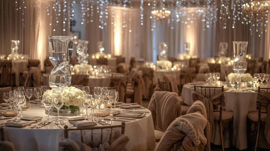 A ballroom with ice sculptures over white roses, fur throws on the chairs and sparkling lights overhead