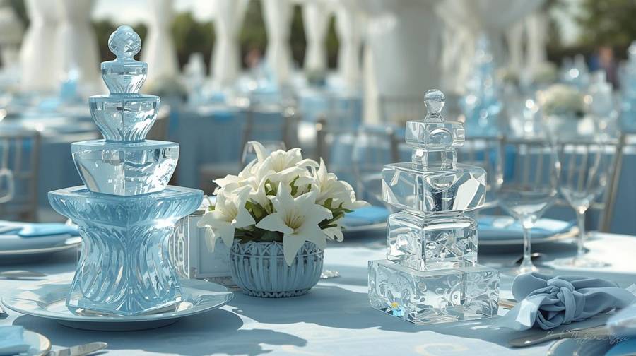 Clear ice sculptures and white lilies on a pale blue tablecloth