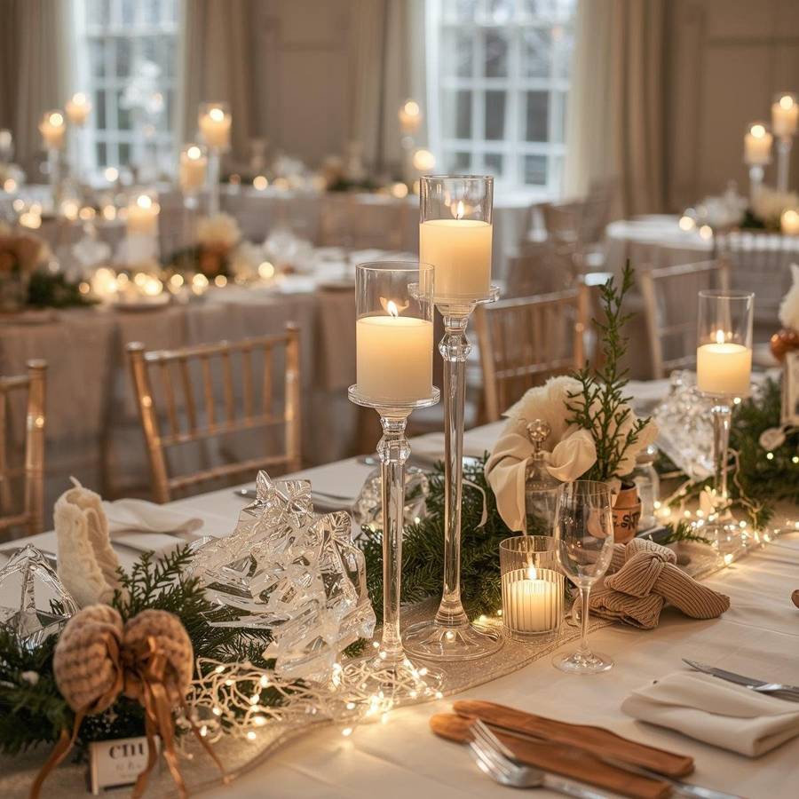 Clear ice pieces, tall candles, evergreens and twinkle lights down the center of a winter table