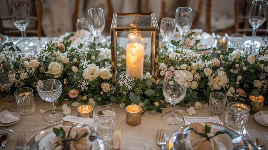 A gold-framed lantern with a candle among white roses, greenery and paper snowflakes