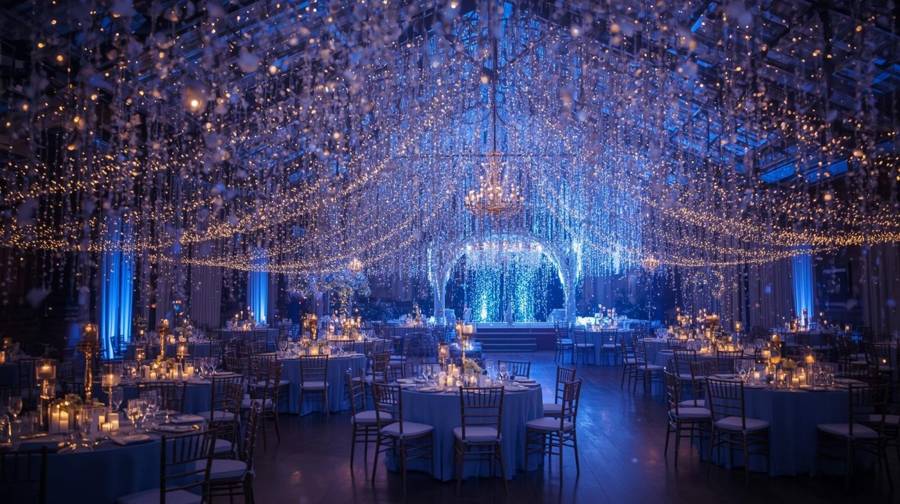 A snowy blue-lit reception hall with lights falling from the ceiling