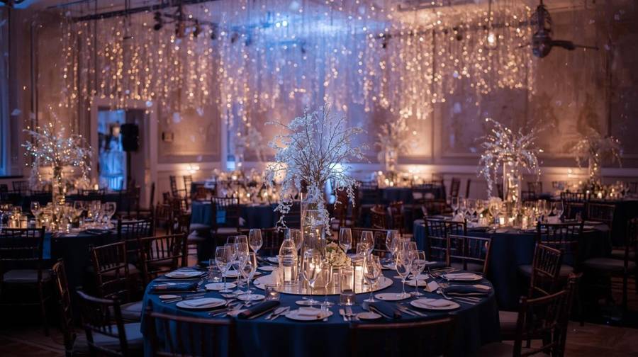 A ballroom with strings of lights falling behind navy tables with tall white branch centerpieces
