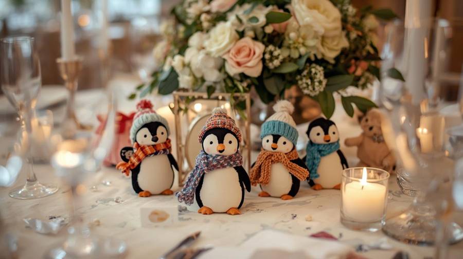 Penguin figures in knit hats and scarves beside candles and a rose centerpiece