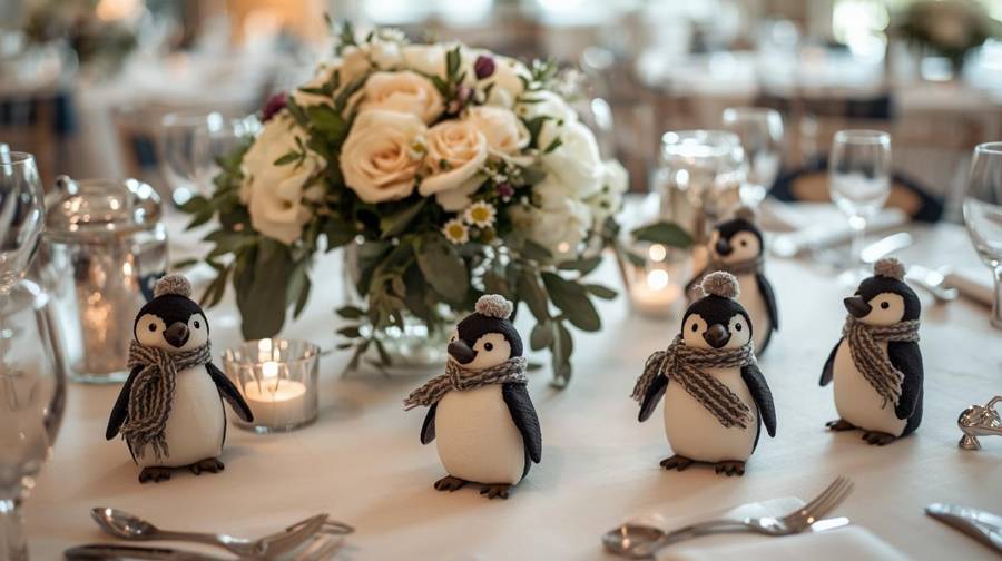 Penguin figures in scarves and pompom hats on a table with cream roses