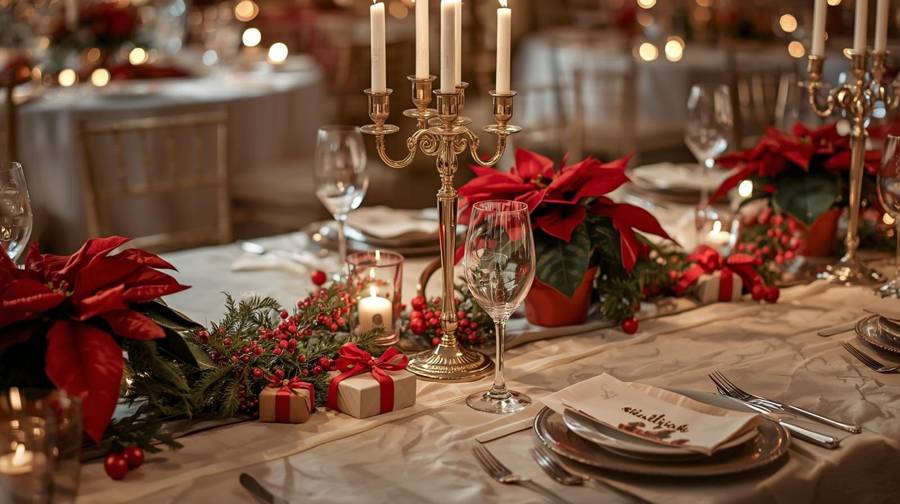 A gold candelabra, red poinsettias, berries and small wrapped gifts on a winter table