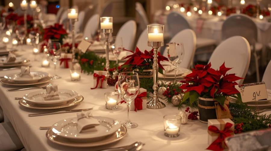 A long table with poinsettias, silver candle holders, ornaments and tea lights