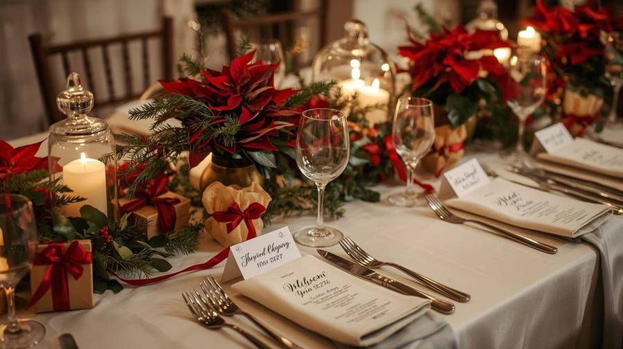 Poinsettias, candles under glass domes and red-ribboned gifts with menu cards at each place