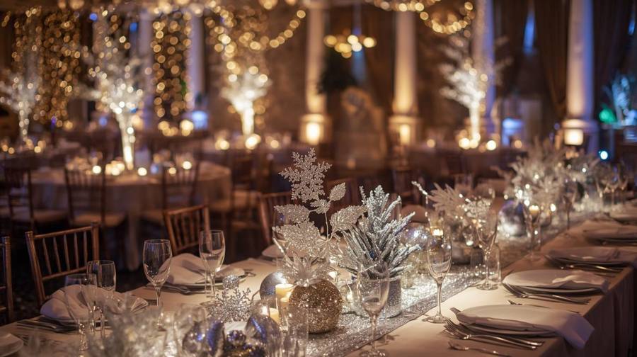 A long table with silver glitter leaves, ornaments and a sparkling runner under warm lights