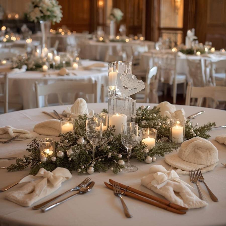 A skate-themed glass centerpiece with candles, silver ornaments, evergreens and cream knit hats at each place