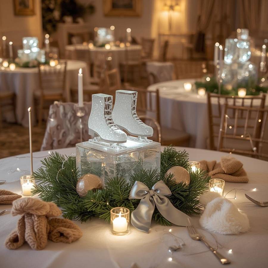 Glittering ice skates on an ice block with evergreens, candles and cream knit mittens
