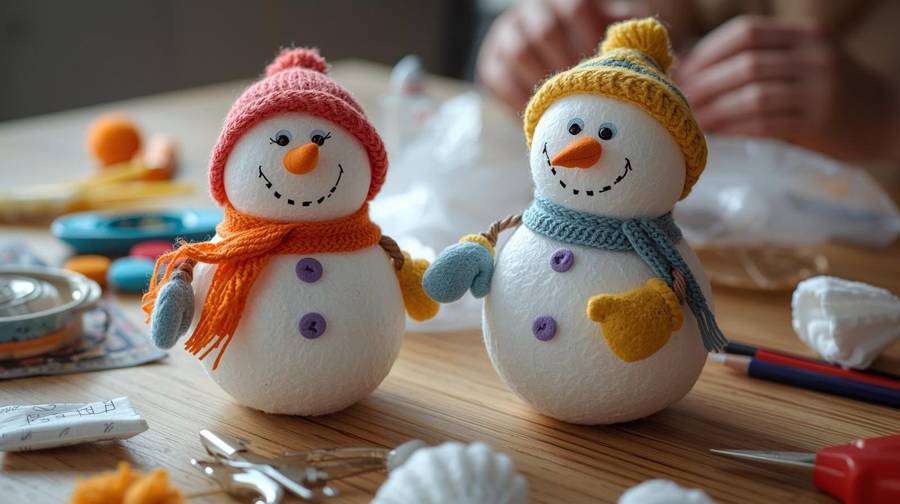 Two homemade snow people made from Styrofoam balls with knit hats, scarves and felt mittens