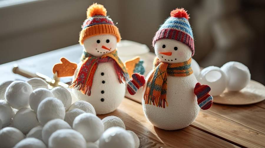 Two snow people in striped knit hats, scarves and mittens beside a pile of Styrofoam snowballs