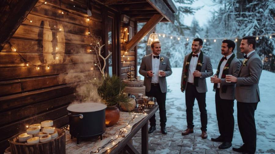 Groomsmen with mugs beside a steaming pot on a cabin porch in the snow