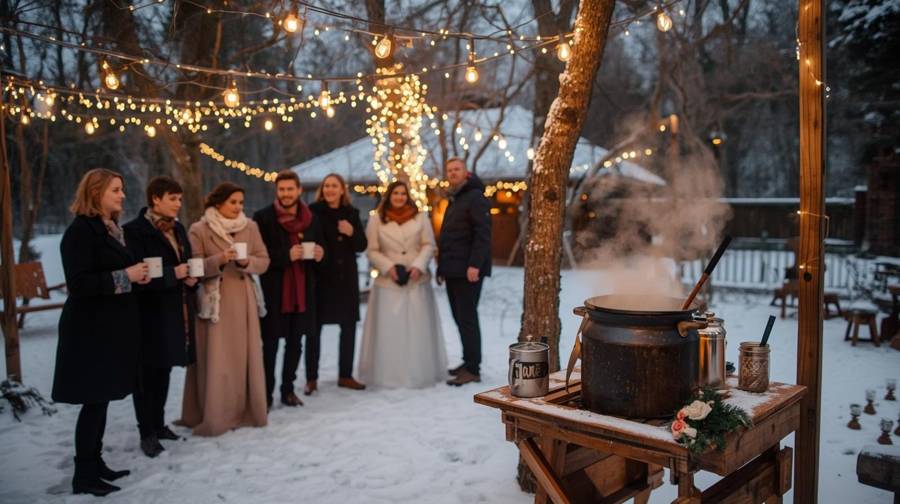 Wedding guests holding mugs beside a steaming pot under string lights in the snow