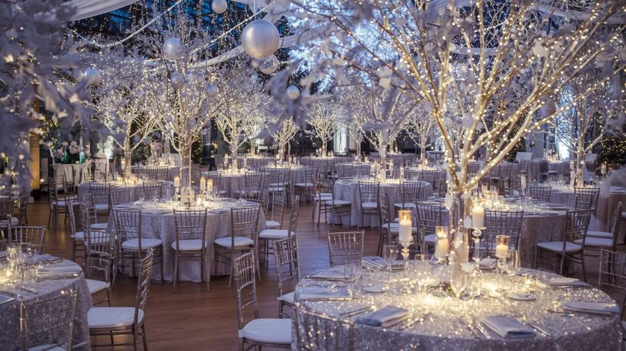 A reception hall of lighted white branch trees, silver sequin linens and candles