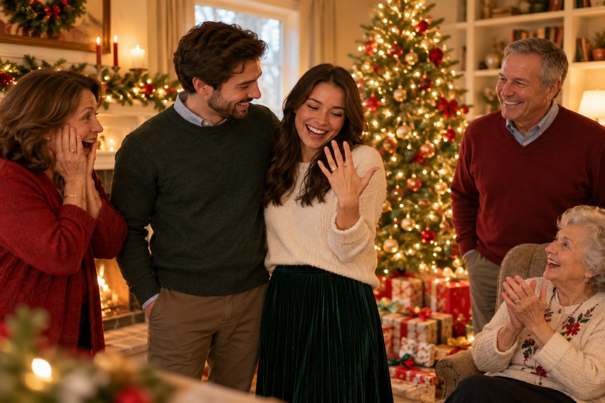 A young couple in a living room on Christmas Day as she shows her new engagement ring to her delighted family beside a lit Christmas tree