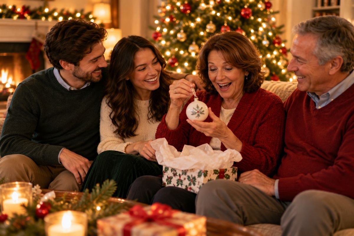 An older couple on a sofa by the Christmas tree, the wife holding up a white ornament she has just unwrapped, as the engaged couple beside them smiles