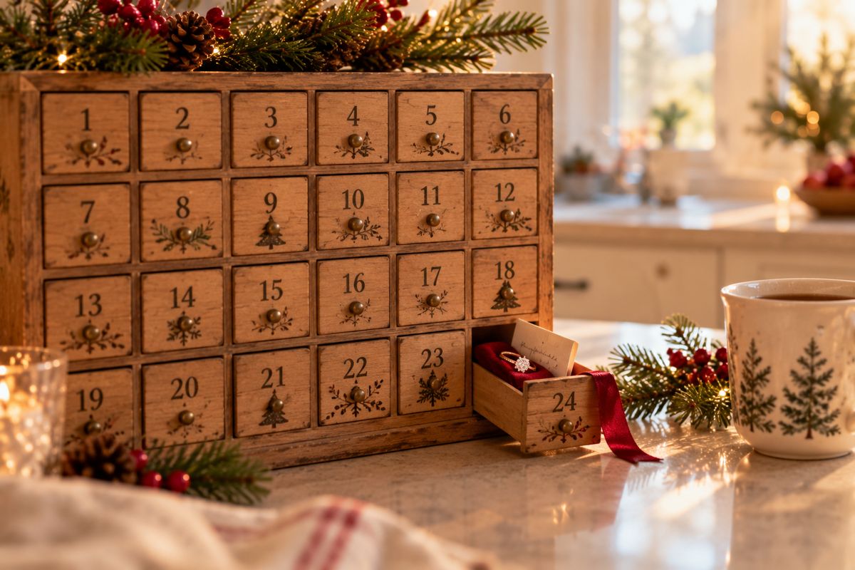 A handmade wooden advent calendar with small numbered doors, the last door open to show a folded note and a ring