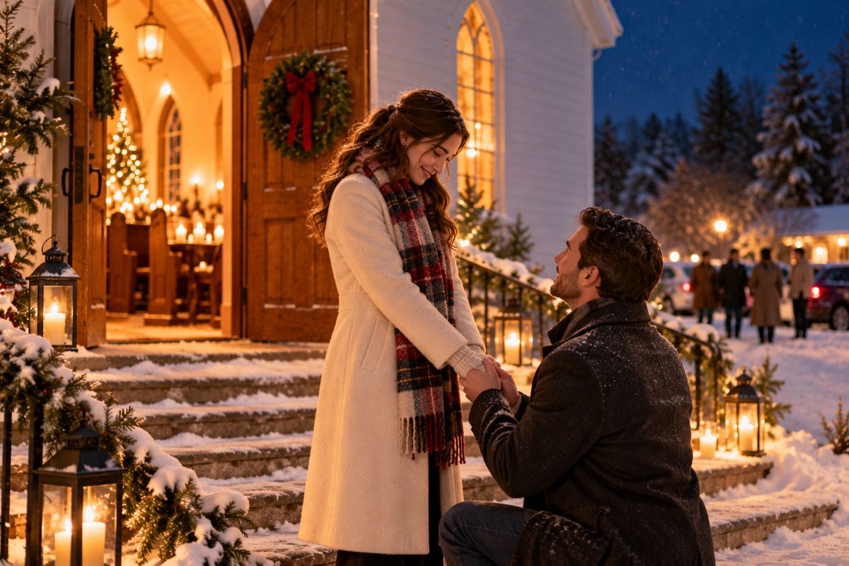 A couple standing in the snowy doorway of a small country church after a candlelight Christmas Eve service, warm light glowing behind them
