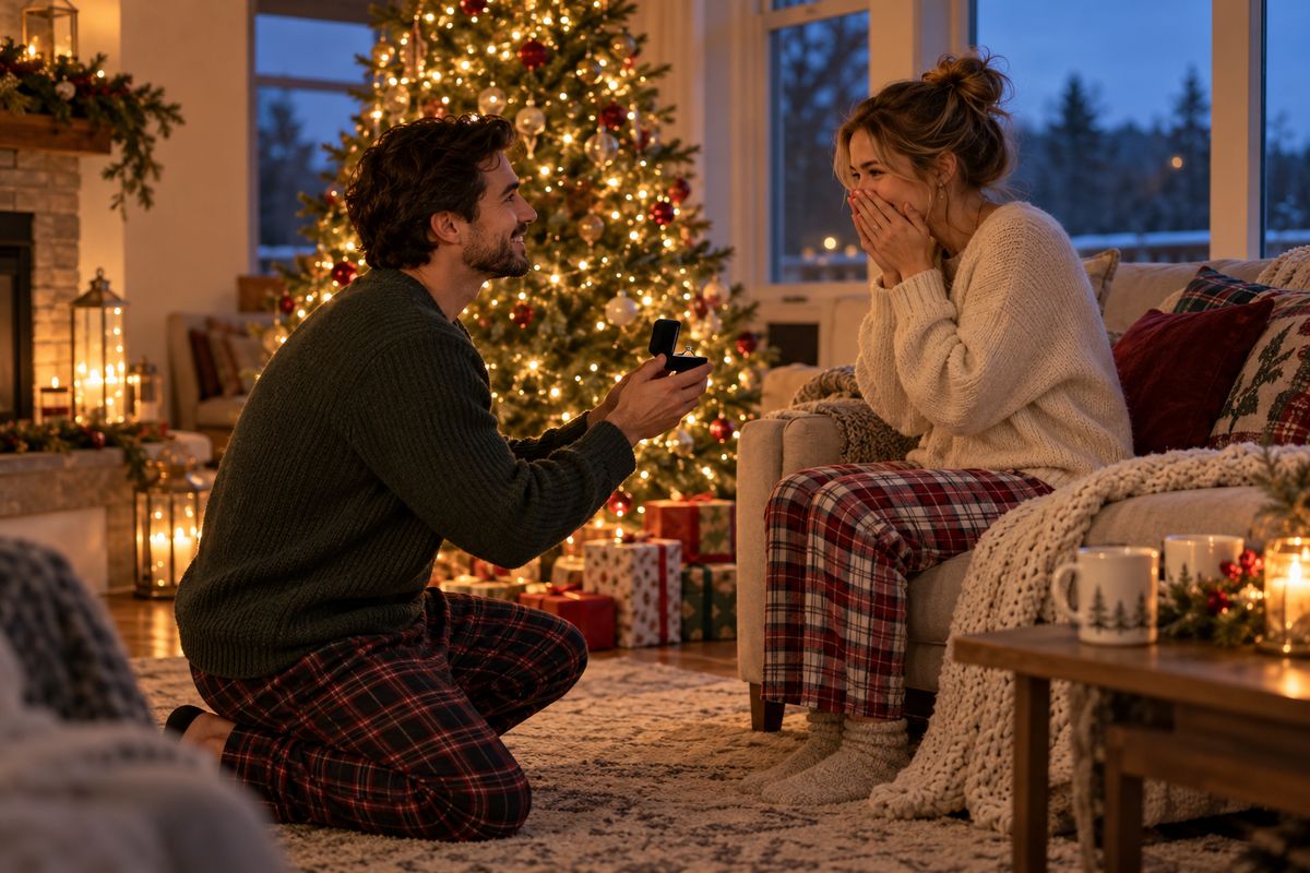A couple by a glowing Christmas tree as one holds out an open ring box