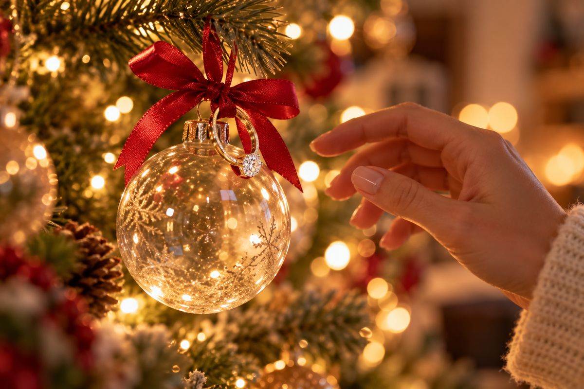 An engagement ring tied with red satin ribbon to a clear Christmas ornament hanging on a lit tree