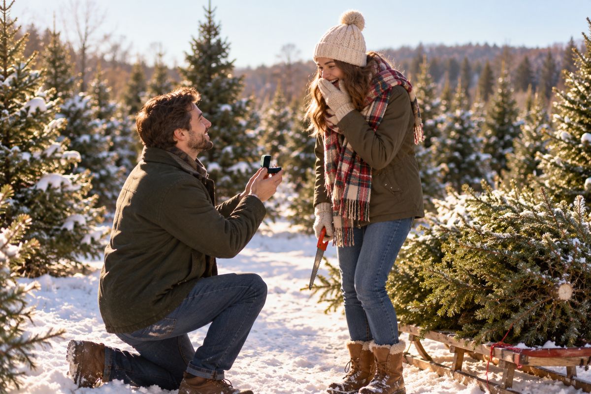 A man kneeling with a ring box among rows of evergreen trees at a Christmas tree farm as his partner, holding a saw, laughs in surprise